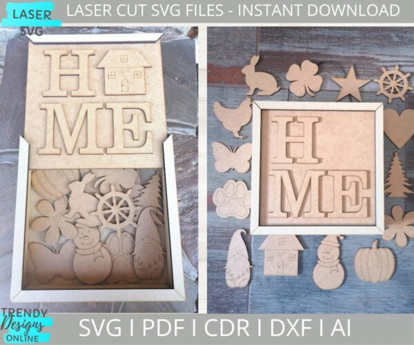 HOME Interchangeable Box frame svg, SQUARE box laser file