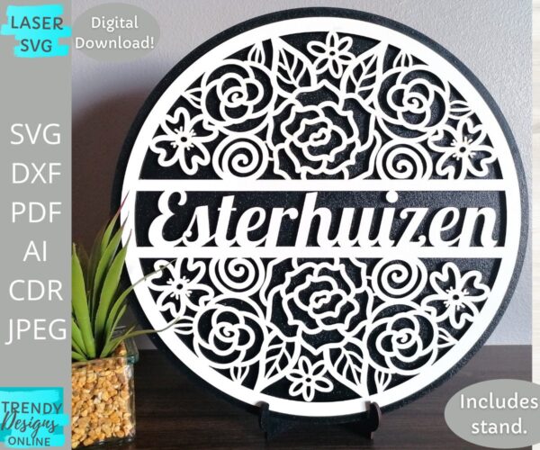 Floral Monogram Circle svg, Personalized Sign svg, Stand Included