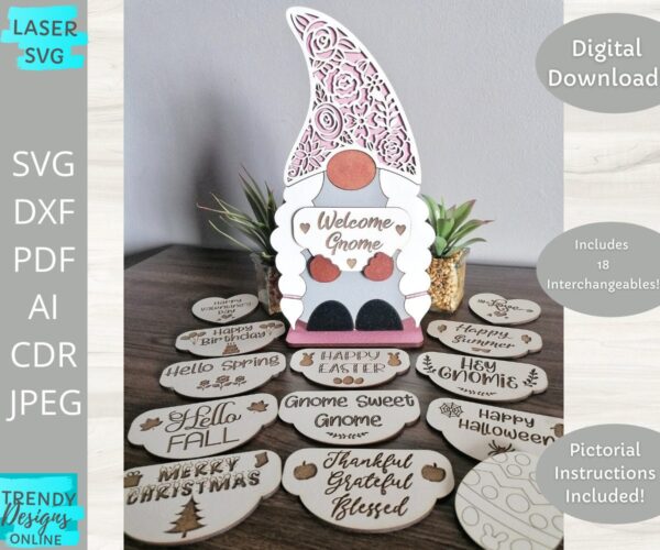 Freestanding Floral Gnome svg, Interchangeable Gnome svg, Welcome Gnome Cut file