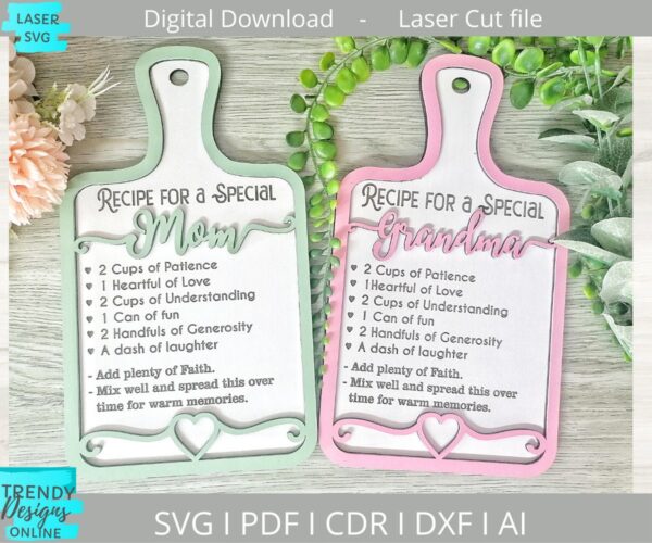 Recipe for Mom Cutting board svg file, Recipe for Grandma sign svg