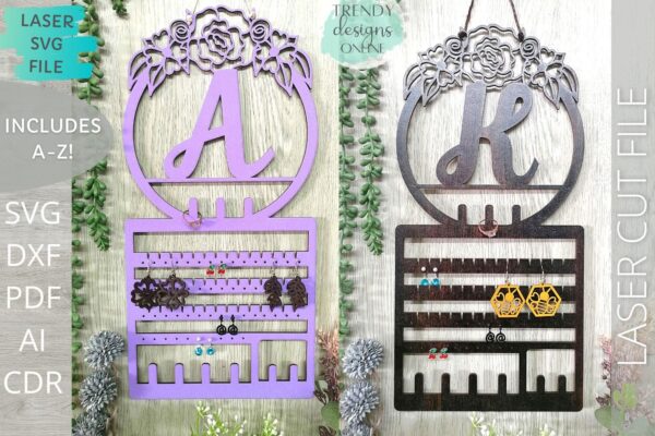 Alphabet Jewelry Display, Floral Initial Earrings Hanger SVG