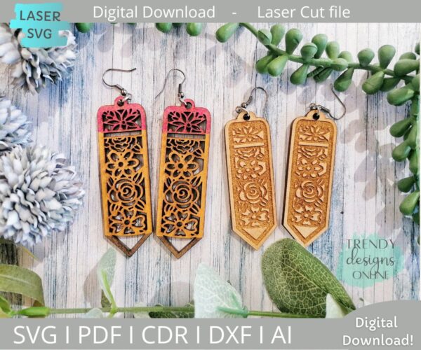 Floral Pencil earrings svg file, Teacher earrings svg