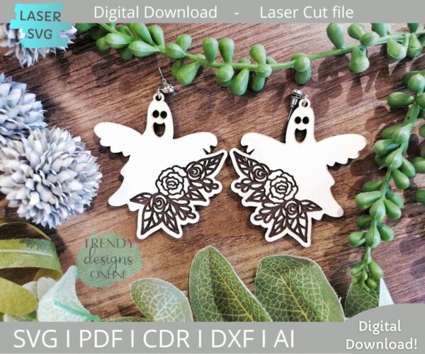 Floral Ghost Earrings svg file, Halloween Earrings svg
