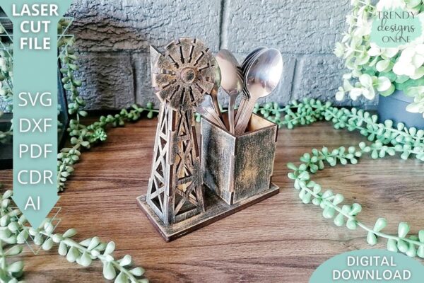Windmill Cutlery holder svg file, small 3D Windmill Utensils Tray svg