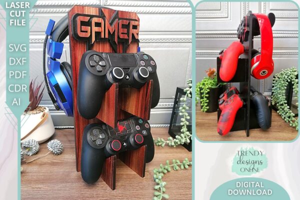 Three Controllers & Headset Gamer Holder display Stand svg file