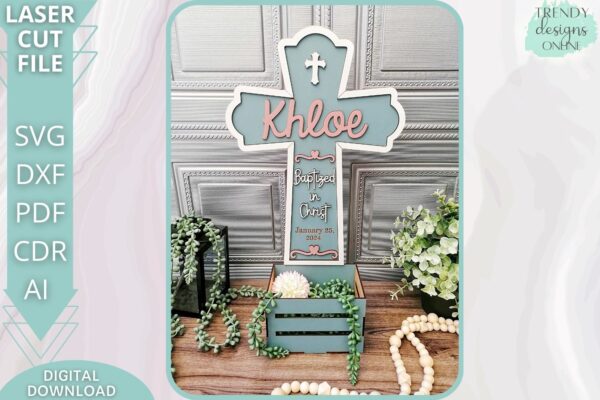 Baptized in Christ Baptism Cross Planter Crate svg file