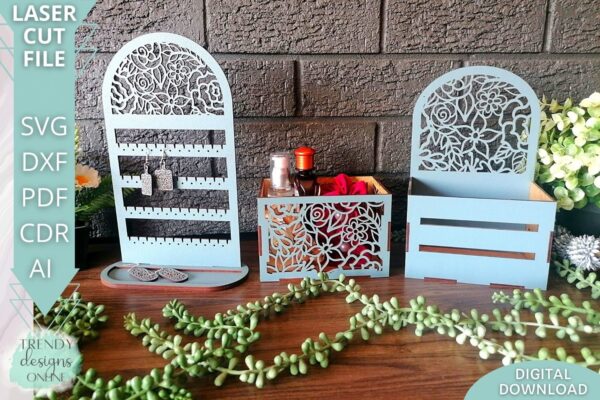 Floral Earrings Display, Flower crate and Floral Box Bundle svg file